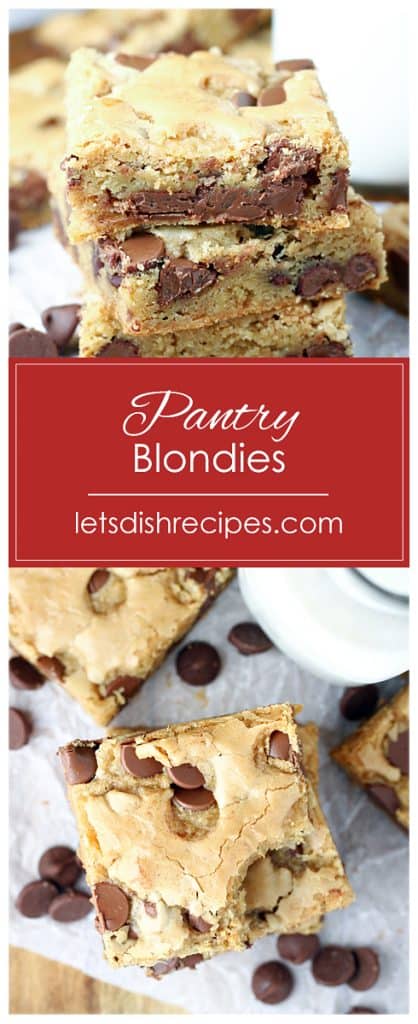 Blondie bars with chocolate chips and milk.