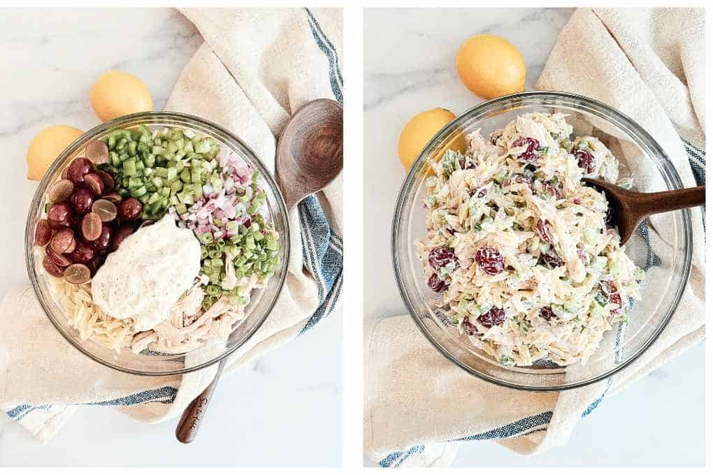 Steps for mixing dressing into orzo chicken salad.