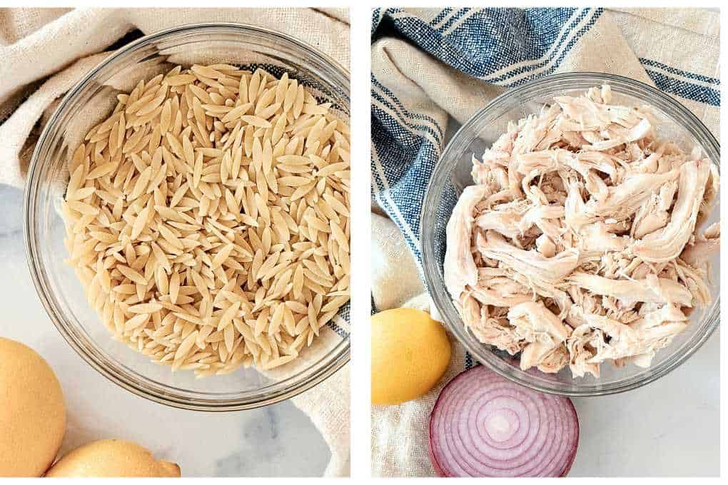 Raw orzo pasta in a bowl, beside shredded rotisserie chicken in a bowl.