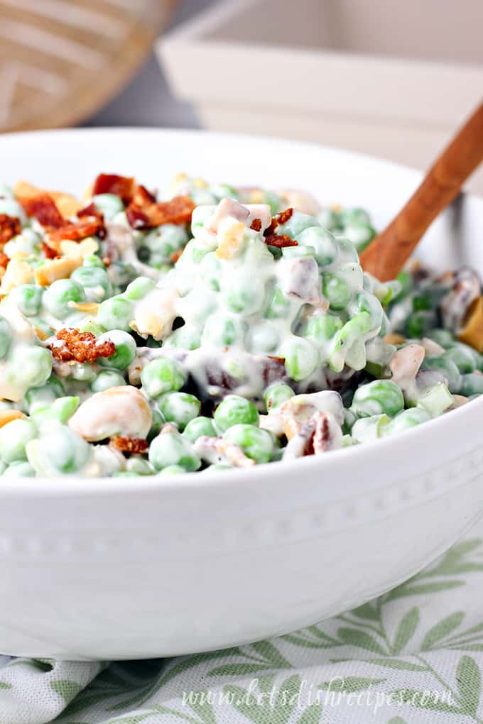 Pea salad with bacon, cashews, celery and a mayonnaise dressing.