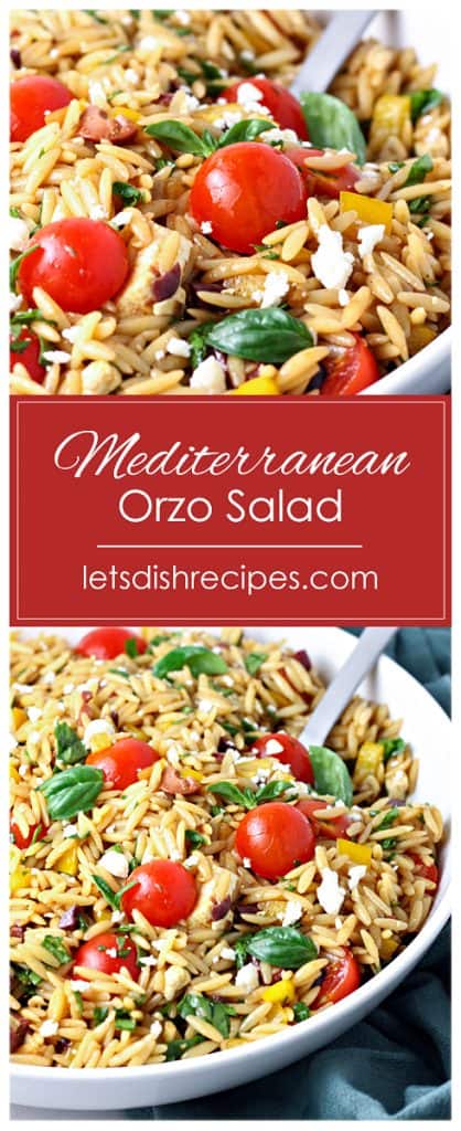 Mediterranean orzo salad with tomatoes, olives, feta and herbs.