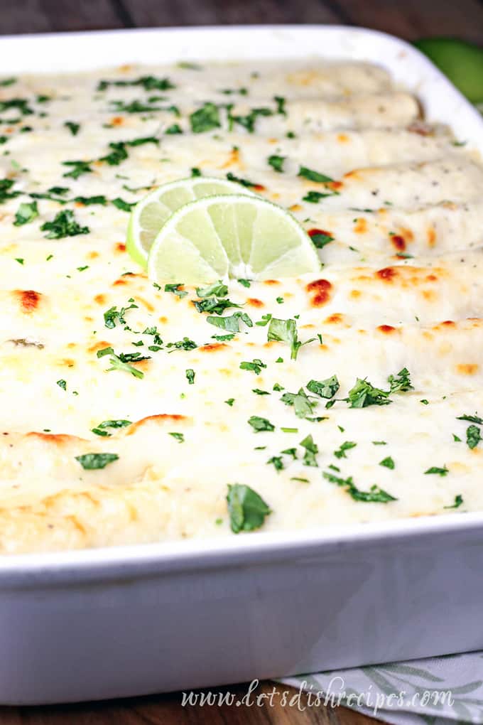 White Chicken Enchiladas with Green Chile Sour Cream Sauce