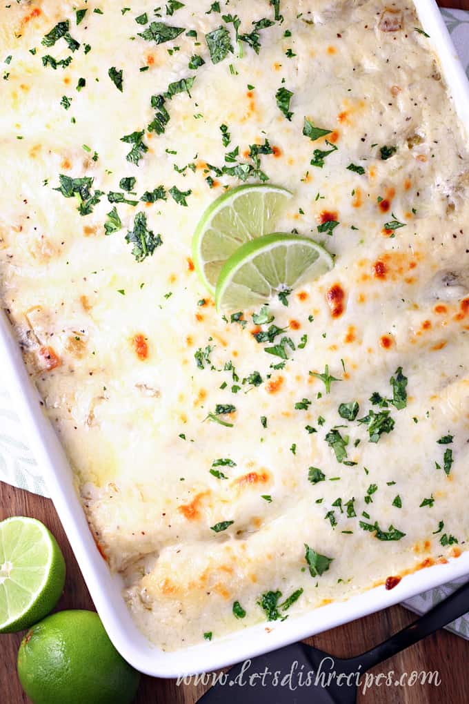 White Chicken Enchiladas with Green Chile Sour Cream Sauce