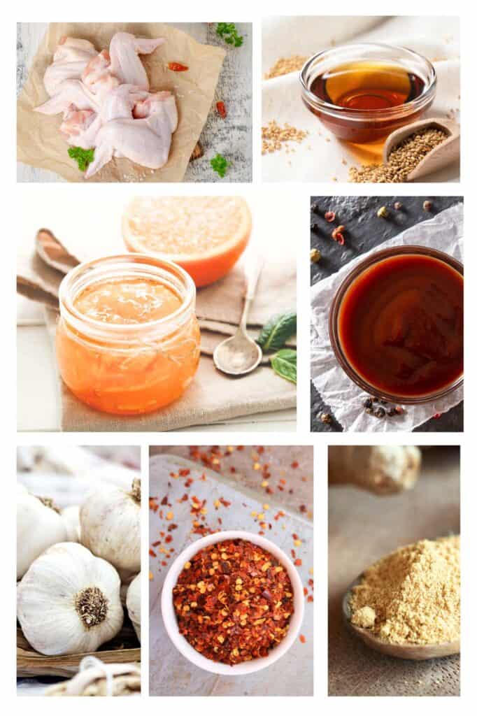 Collage of ingredients for Spicy 
Baked Orange Chicken Wings