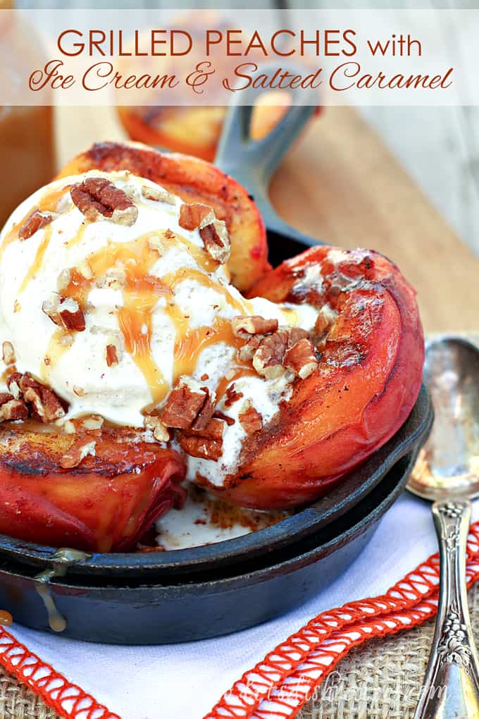 Grilled Peaches with Vanilla Ice Cream and Salted Caramel Sauce