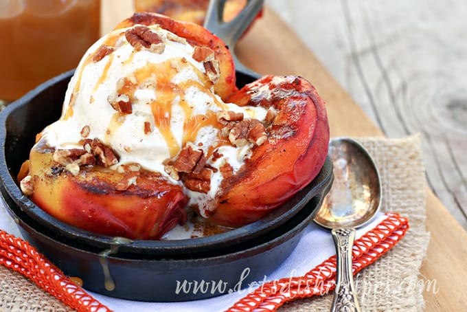 Grilled Peaches with Vanilla Ice Cream and Salted Caramel Sauce