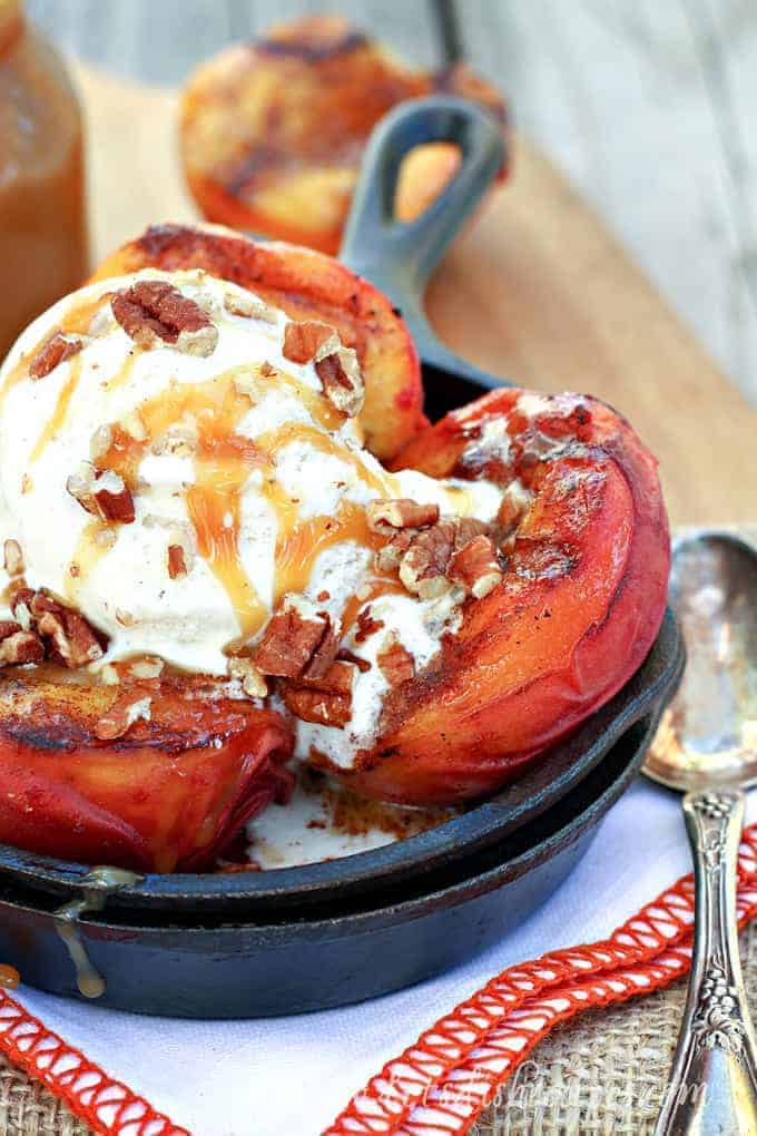 Grilled Peaches with Vanilla Ice Cream and Salted Caramel Sauce