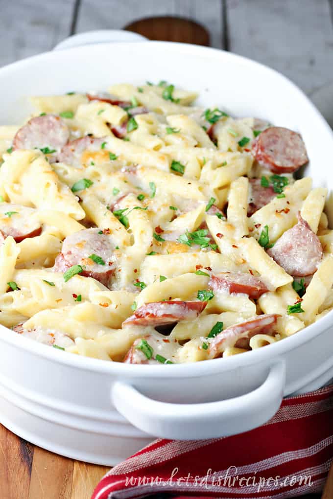 Baked penne pasta in Alfredo sauce with smoked sausage.