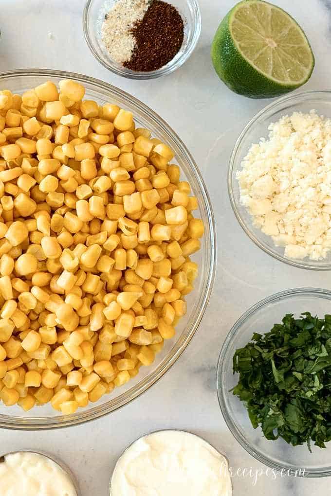 Ingredients for Mexican street corn (elotes).