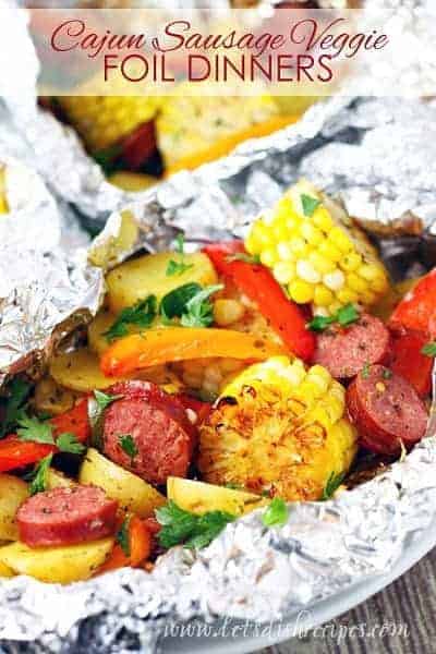 Grilled Cajun Sausage Veggie Foil Dinners.