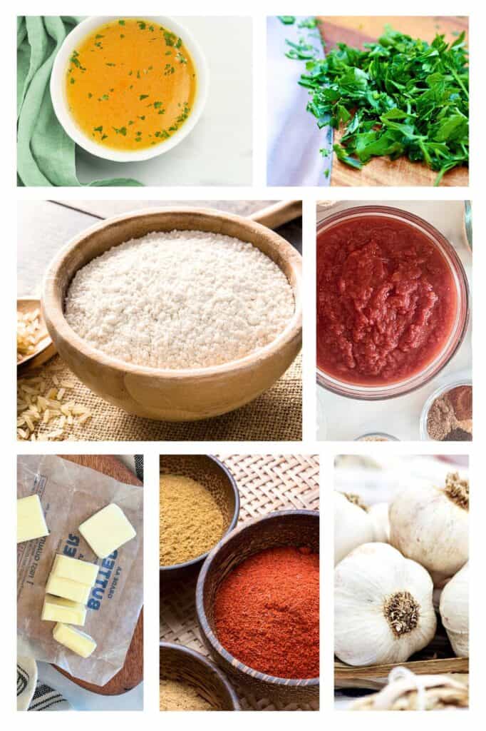 Ingredients for restaurant style Mexican rice recipe.