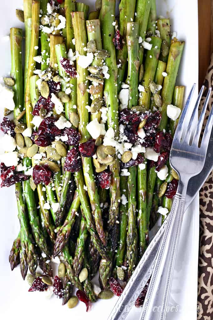 Maple Balsamic Roasted Asparagus with Cranberries and Feta