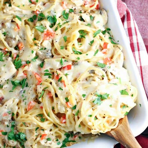 Cheesy White Chicken Spaghetti feature