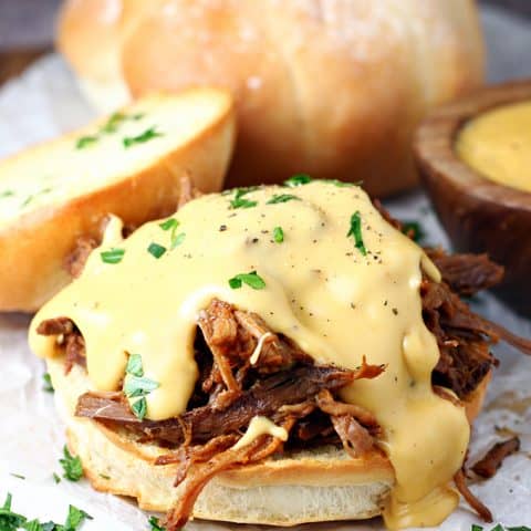 Slow Cooker Cheesy Barbecue Brisket Sandwiches feature