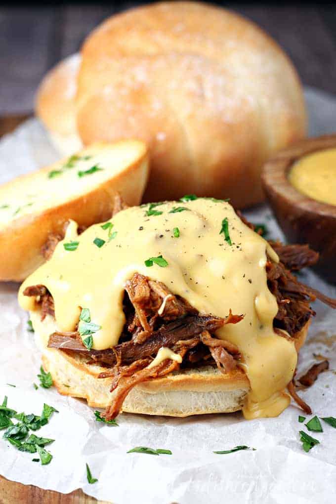 Slow Cooker Cheesy Barbecue Brisket Sandwiches