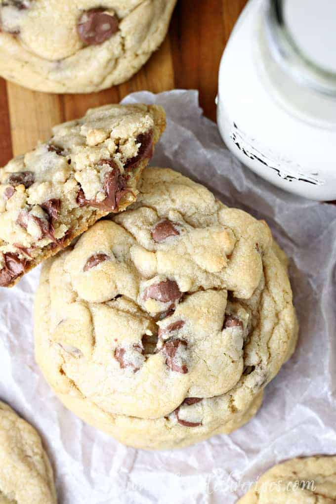 Homemade Crumbl chocolate chips cookies with milk