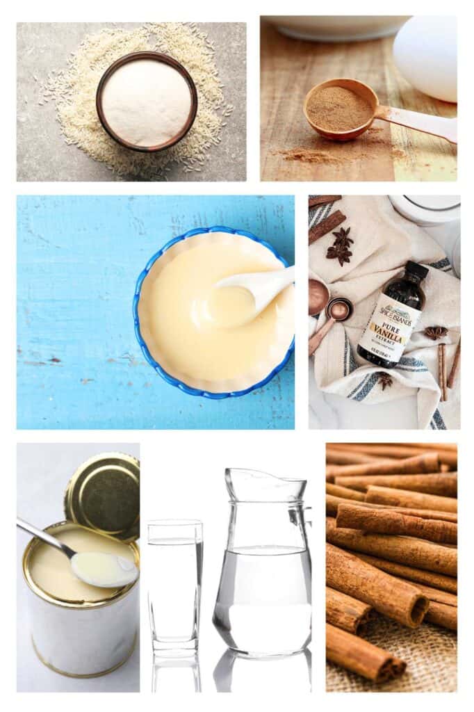 Collage of ingredients for homemade horchata.