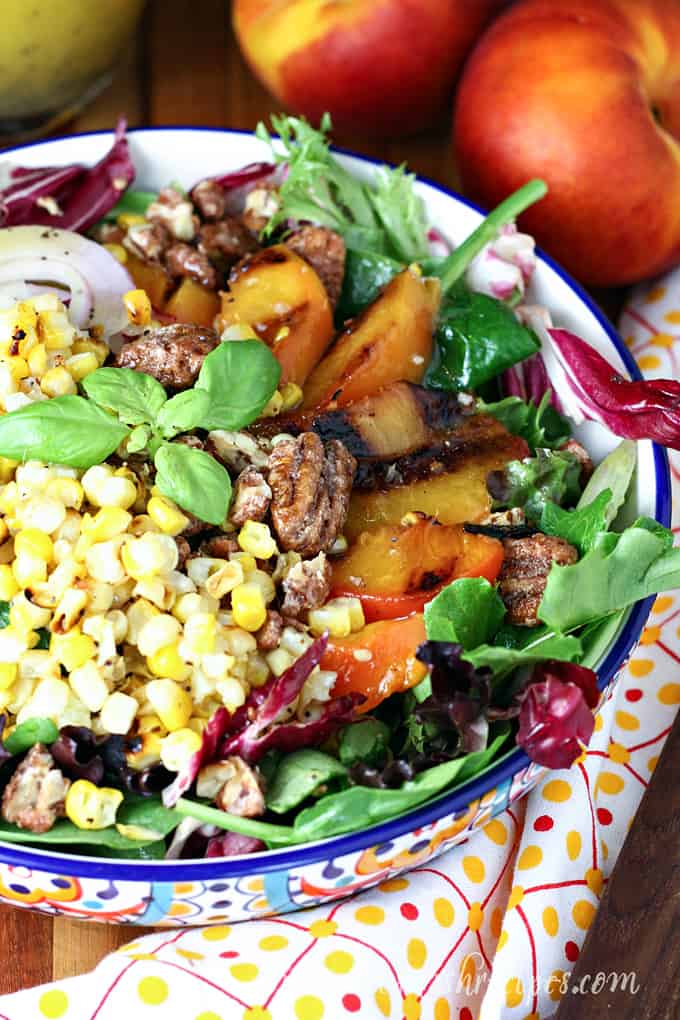 Grilled Corn and Peach Salad with Candied Pecans