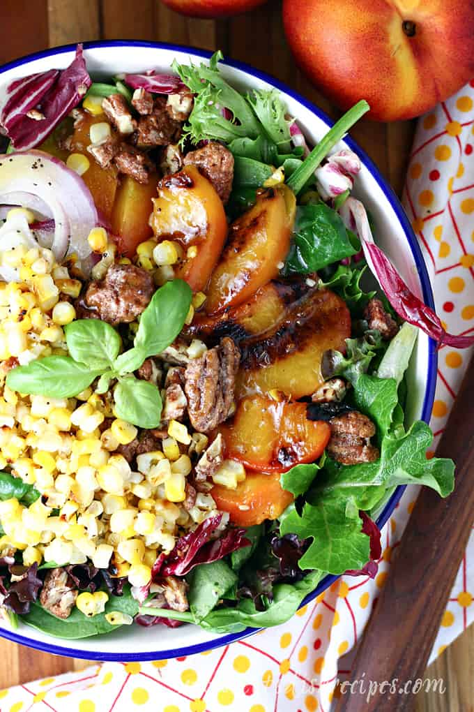 Grilled Corn and Peach Salad with Candied Pecans