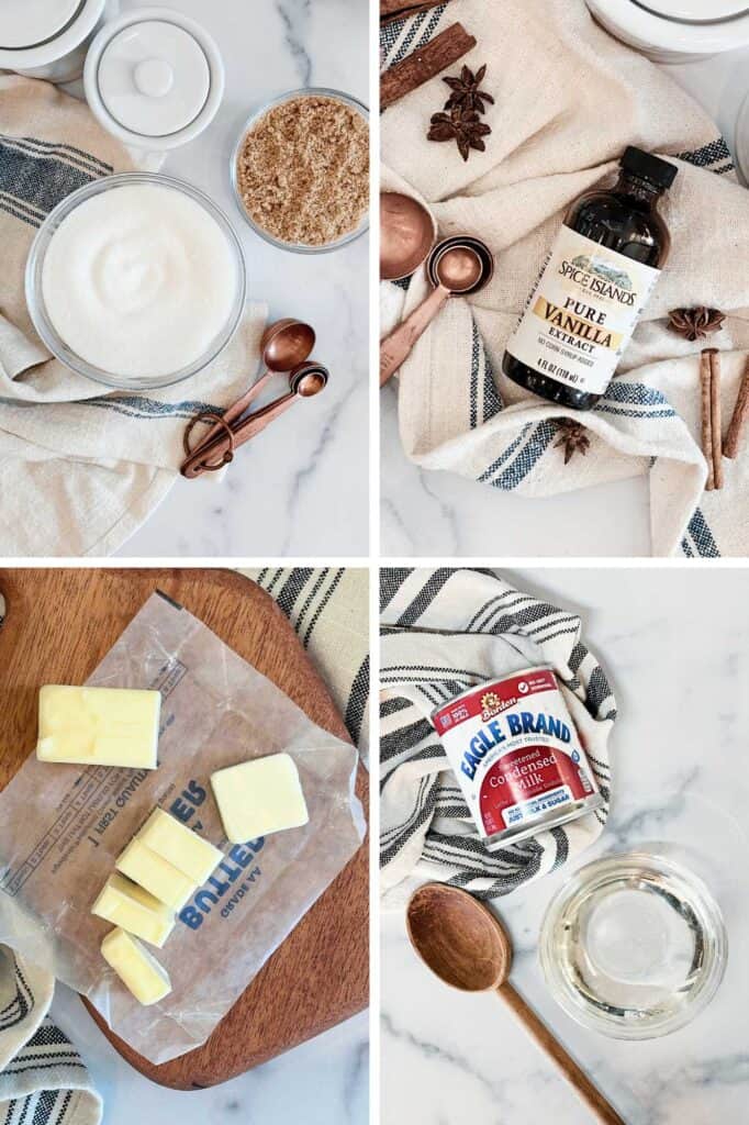 Collage of ingredients for microwave caramels.