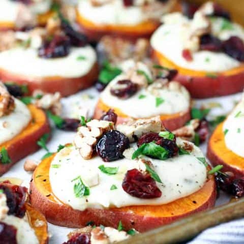 Sweet Potato Rounds with Cranberries and Candied Pecans feature