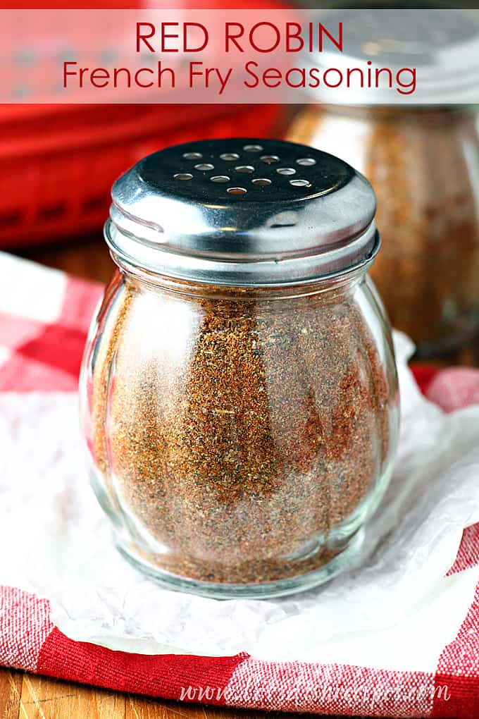 Copycat Red Robin French fry seasoning in shaker jar.