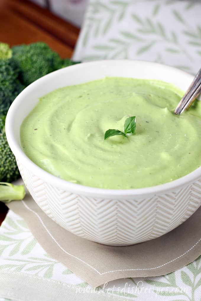 Bowl of green goddess dip or dressing, made with avocado.