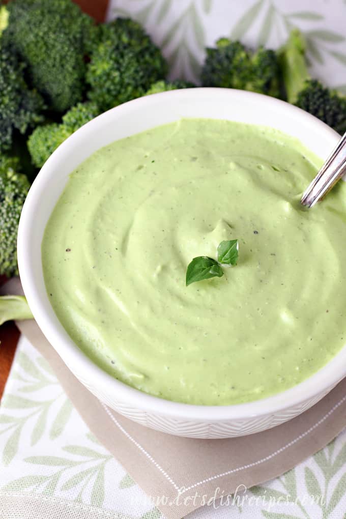 Bowl of green goddess dip or dressing, made with avocado.