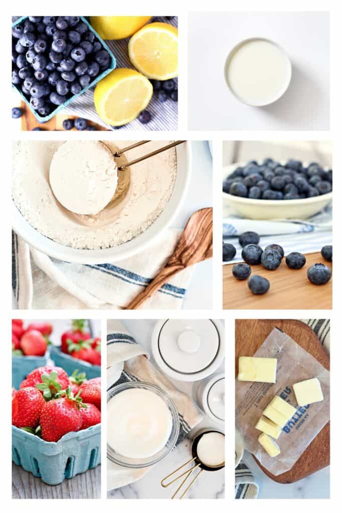 Collage of ingredients for fruit cobbler.