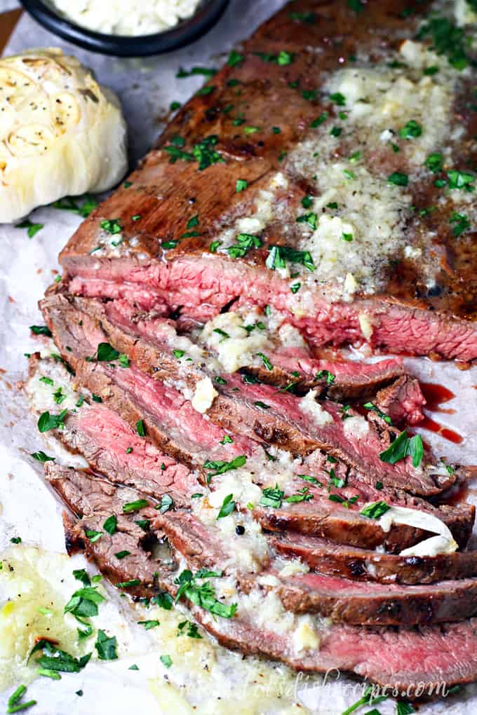 Grilled Flank Steak with Roasted Garlic Butter