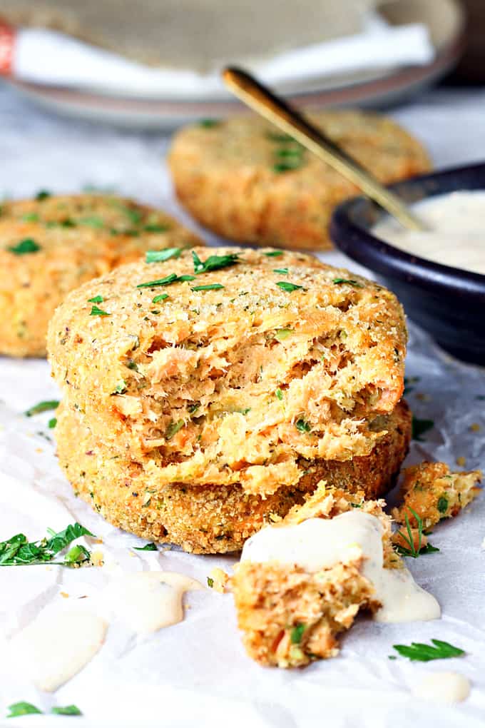 Two salmon cakes made in the air fryer.