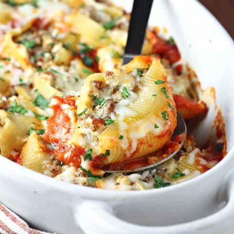 Beefy Sausage Beef Stuffed Shells feature