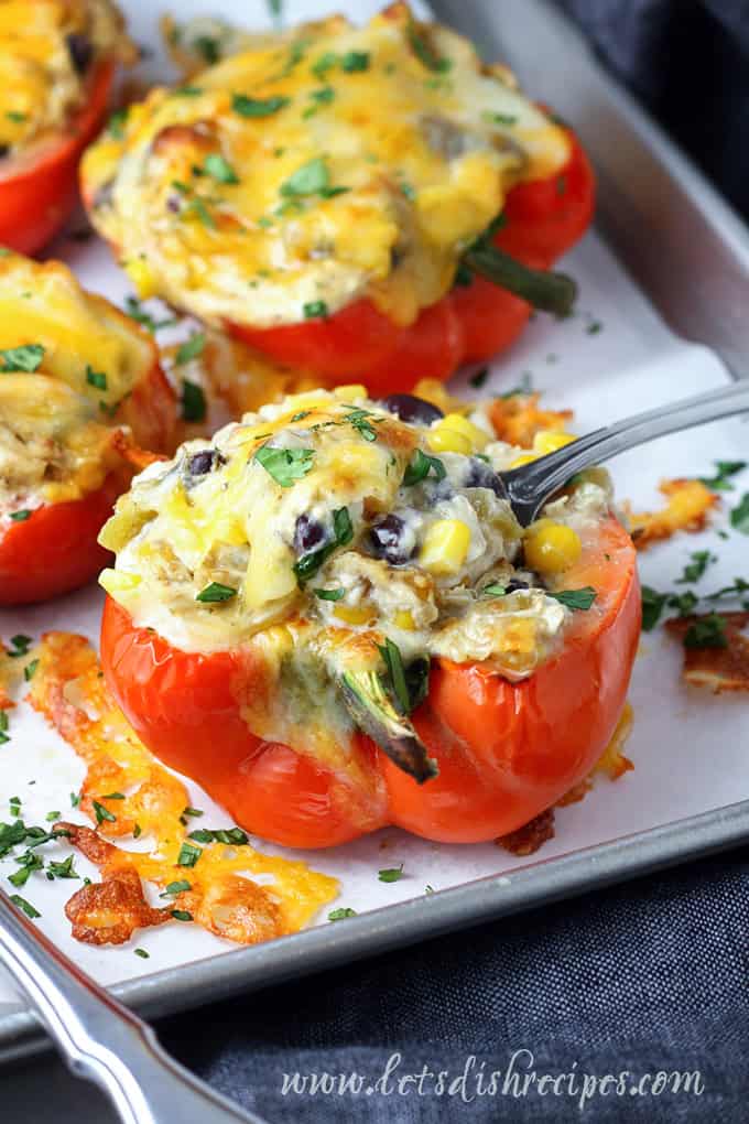 Red bell peppers stuffed with a mixture of chicken and cheese.