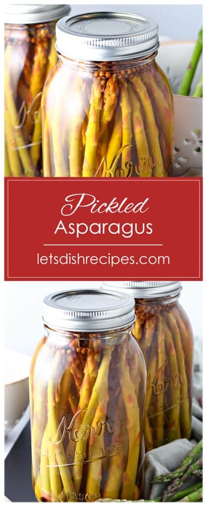 Pickled asparagus spears in a mason jar.