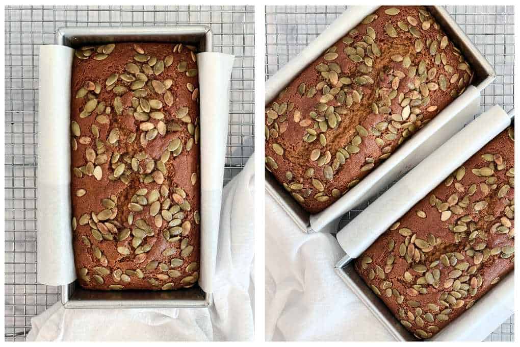 Loaves of baked Starbucks pumpkin bread cooling on wire racks.